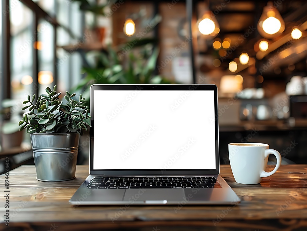 Fototapeta premium Blank screen laptop computer with cup of coffee on wooden table in cafe