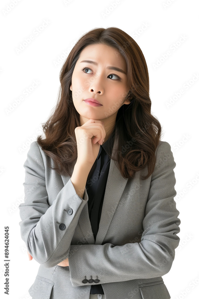 Woman thinking while looking up,doubtful and hesitant,transparent background,PNG,clip art. Woman thinking while looking up,doubtful and hesitant,transparent background,PNG,clip art.