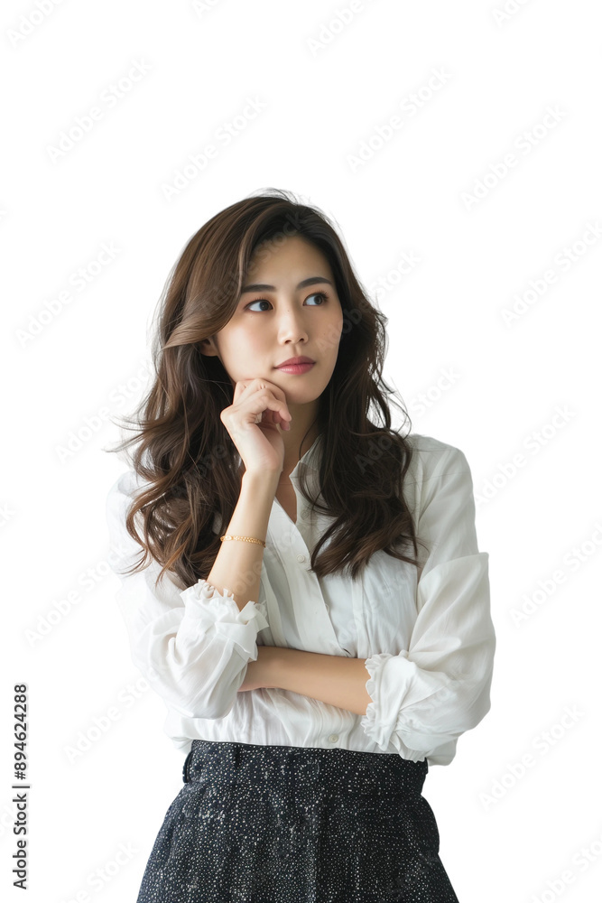 Woman thinking while looking up,doubtful and hesitant,transparent background,PNG,clip art. Woman thinking while looking up,doubtful and hesitant,transparent background,PNG,clip art.