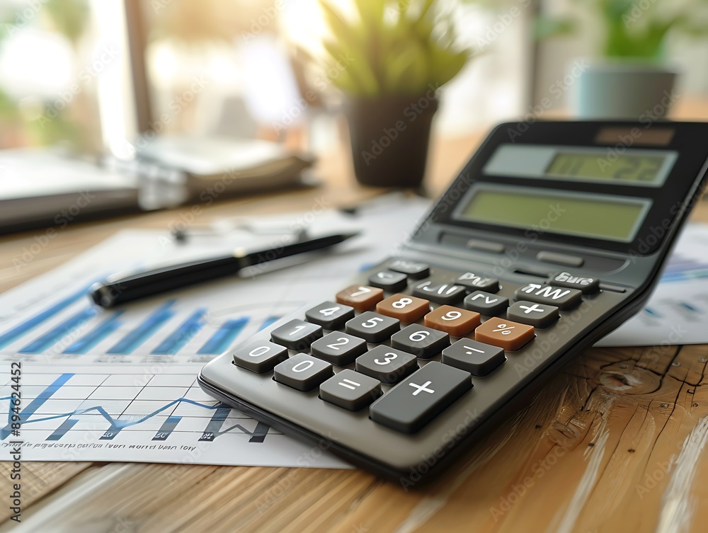 Business and finance concept. calculator and pen on desk with graph Business and finance concept. calculator and pen on desk with graph