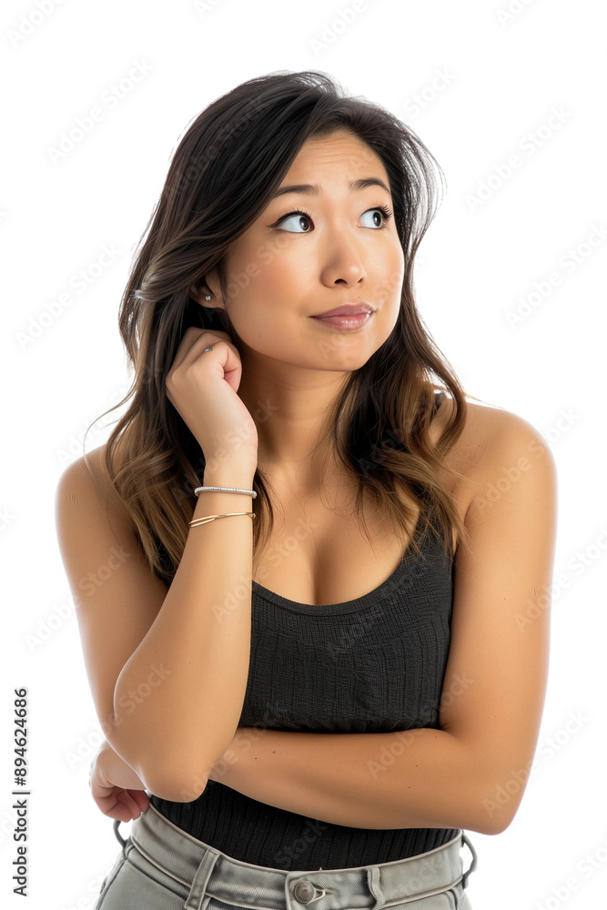 Woman thinking while looking up,doubtful and hesitant,transparent background,PNG,clip art. Woman thinking while looking up,doubtful and hesitant,transparent background,PNG,clip art.