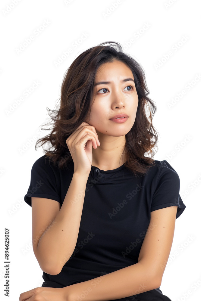 Woman thinking while looking up,doubtful and hesitant,transparent background,PNG,clip art. Woman thinking while looking up,doubtful and hesitant,transparent background,PNG,clip art.