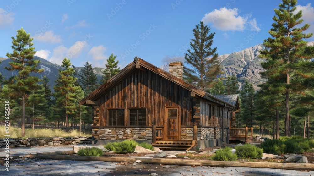 A rustic cabin with a wooden exterior, a stone foundation, and a front yard filled with pine trees and mountain views. A rustic cabin with a wooden exterior, a stone foundation, and a front yard filled with pine trees and mountain views.