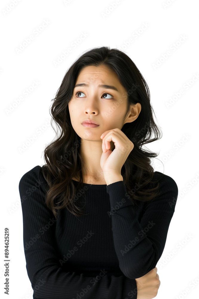 Woman thinking while looking up,doubtful and hesitant,transparent background,PNG,clip art.