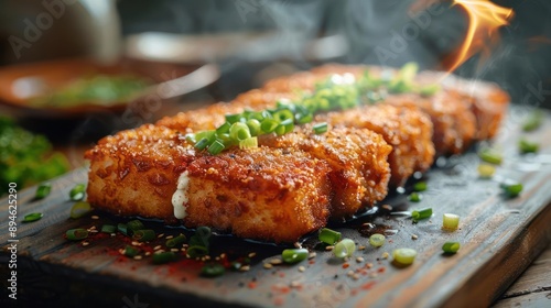 a piece of food on a cutting board with a fire