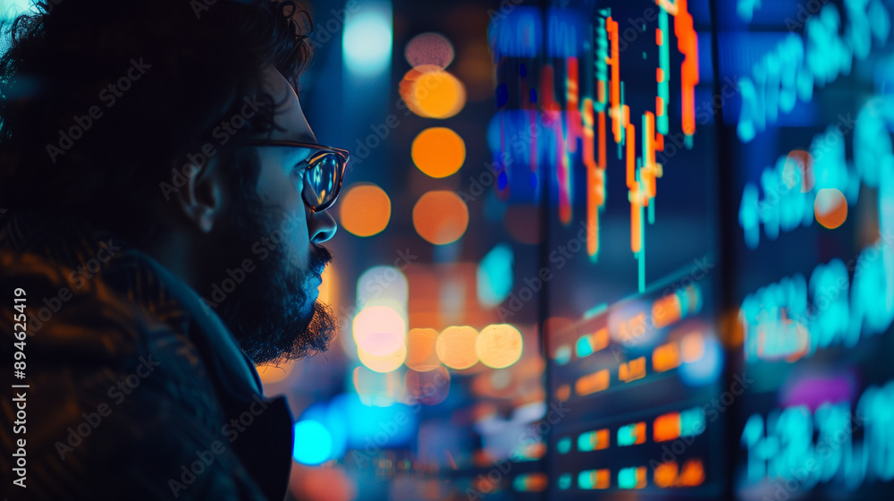 A close-up view of a man looking at the screen displaying stock exchange graph and chart. Generative AI. A close-up view of a man looking at the screen displaying stock exchange graph and chart. Generative AI.