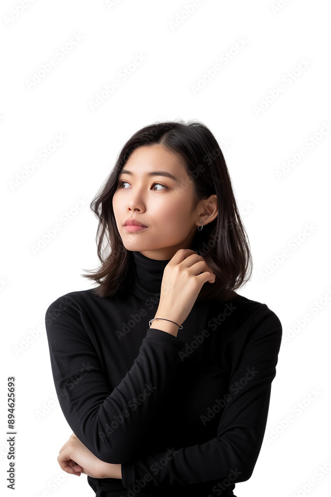 Woman thinking while looking up,doubtful and hesitant,transparent background,PNG,clip art. Woman thinking while looking up,doubtful and hesitant,transparent background,PNG,clip art.