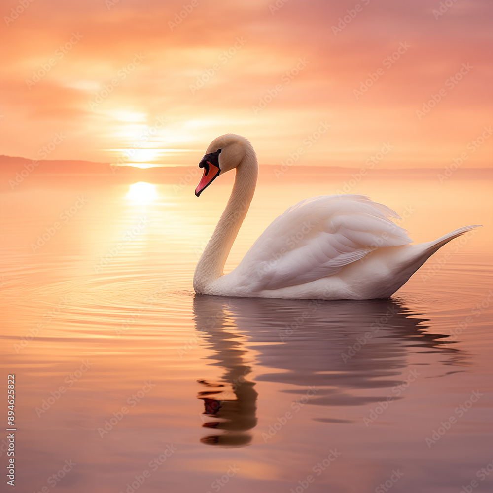 Fototapeta premium Graceful White Swan Gliding on Tranquil Lake at Sunrise
