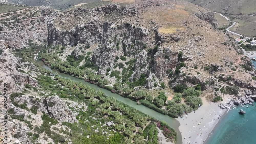 Aerial view of Palm beach of Preveli, Preveli Gorge, Rethymno, Crete, Greek Islands, Greece 