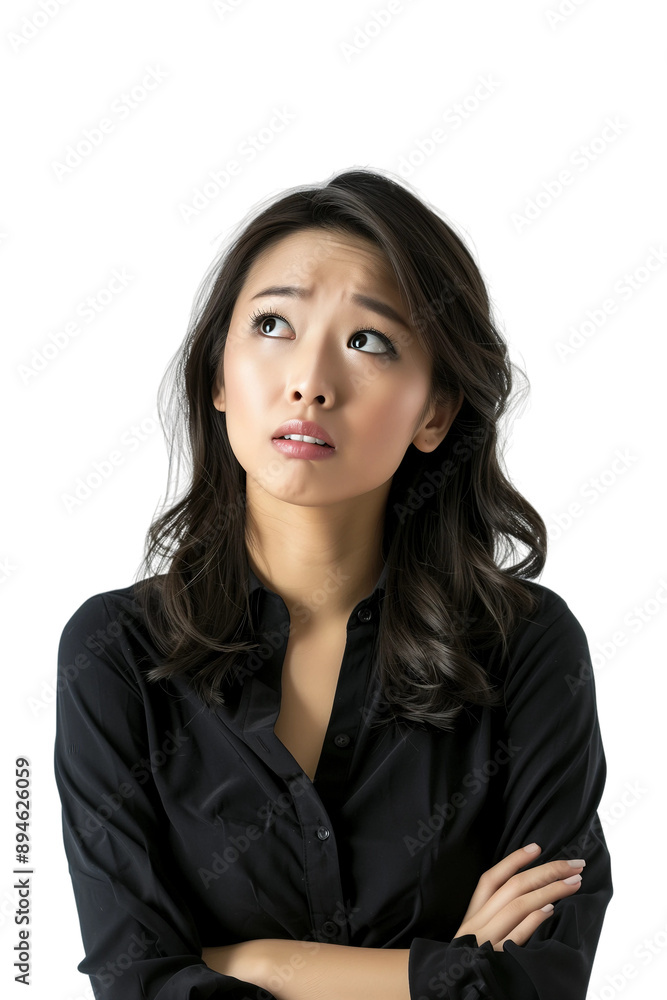 Woman thinking while looking up,doubtful and hesitant,transparent background,PNG,clip art. Woman thinking while looking up,doubtful and hesitant,transparent background,PNG,clip art.