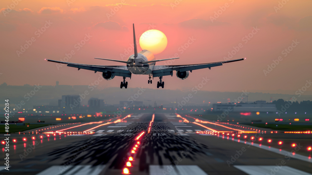 airplane taking off from the runway, sunset in background. AI generative. airplane taking off from the runway, sunset in background. AI generative.