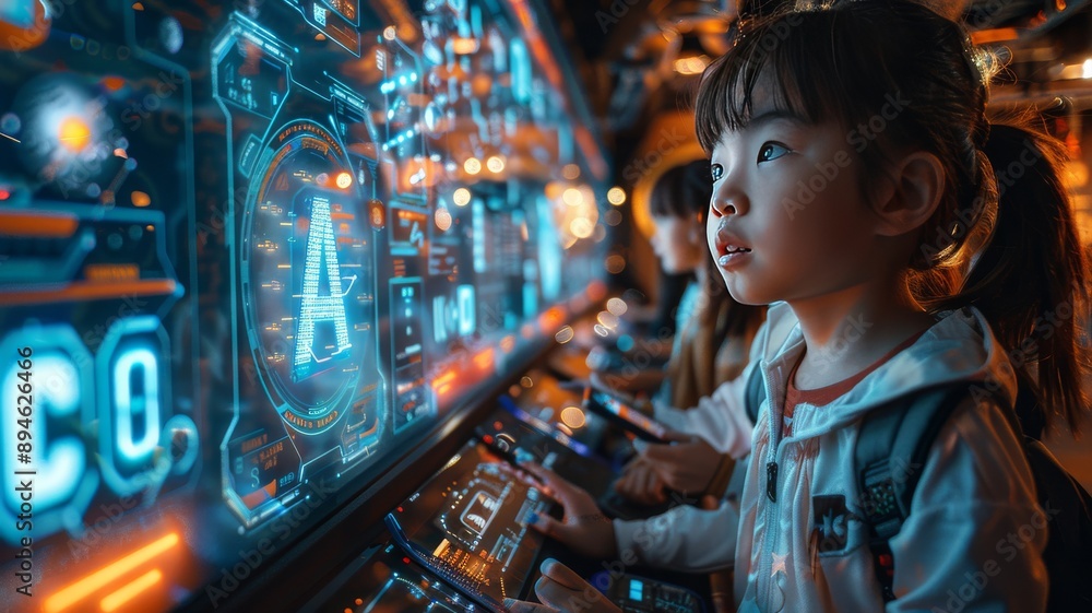 Obraz premium A futuristic classroom setting where holographic letters