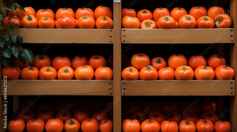 Ripe persimmons arranged neatly on wooden shelves. The tomatoes vary slightly in size and shape, showcasing their vibrant color. Ripe persimmons arranged neatly on wooden shelves. The tomatoes vary slightly in size and shape, showcasing their vibrant color.