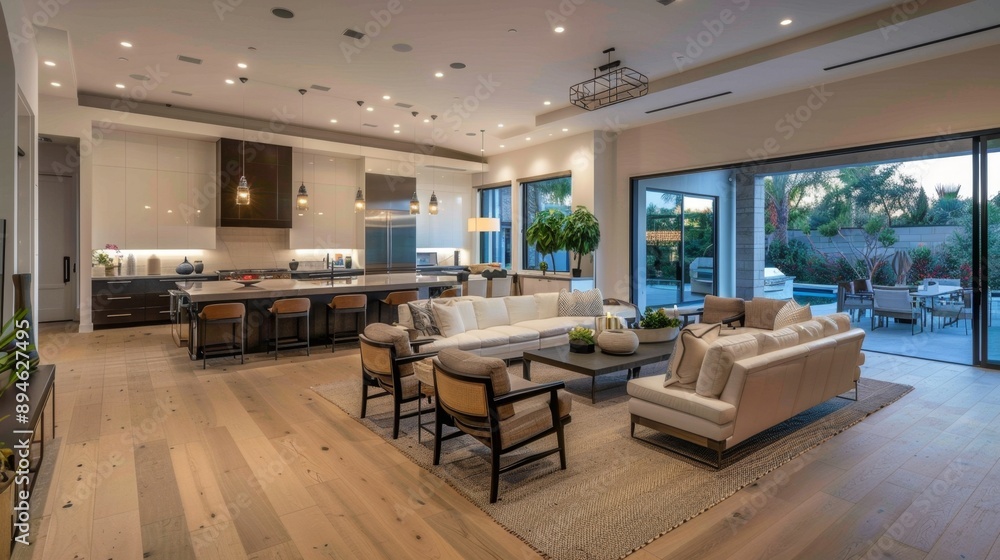 Modern Living Room with Open Kitchen and Patio View. Modern Living Room with Open Kitchen and Patio View.