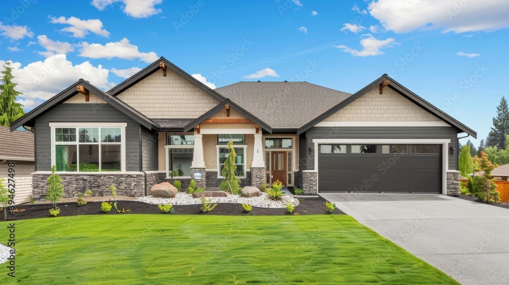 Modern House with Green Lawn and Garage. Modern House with Green Lawn and Garage.