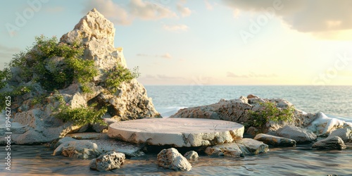 Podium background product beach nature 3D ocean stand. Cosmetic background product podium display tropical studio  rocks beauty platform presentation mockup pedestal stone tropical