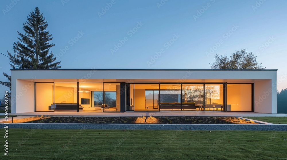 Modern House with Large Windows at Dusk. Modern House with Large Windows at Dusk.