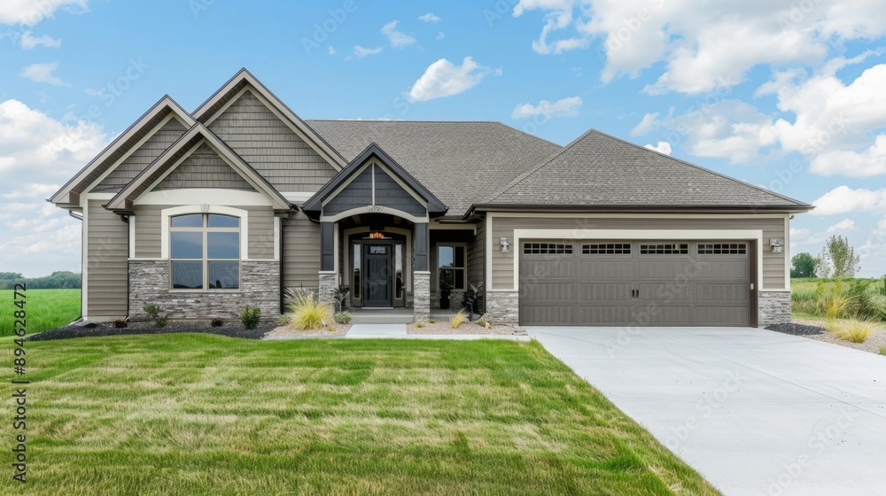 Modern Suburban House with Stone Accents. Modern Suburban House with Stone Accents.