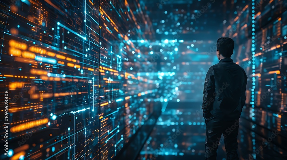 Cyber security system concept with engineer in server room background Cyber security system concept with engineer in server room background