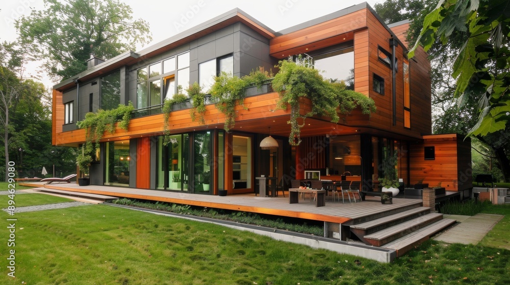 Modern Wooden House with Large Windows and Patio. Modern Wooden House with Large Windows and Patio.