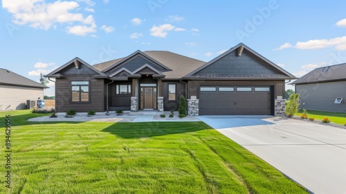 Modern House with Stone Accents and Green Grass Lawn.