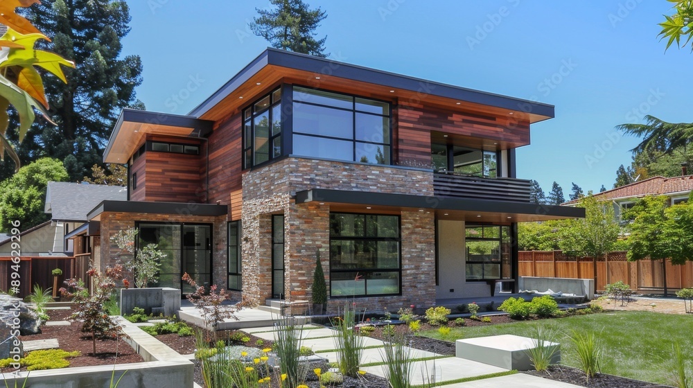 Modern house with stone facade and landscaped yard. Modern house with stone facade and landscaped yard.
