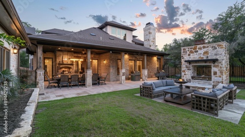 Modern Backyard With Stone Fireplace and Patio.