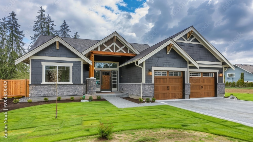 Modern House with Garage and Green Lawn. Modern House with Garage and Green Lawn.