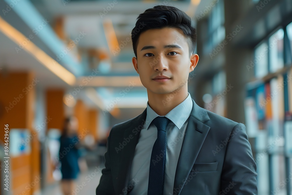 close up of confident asian man standing in the street. business man looking forward close up of confident asian man standing in the street. business man looking forward
