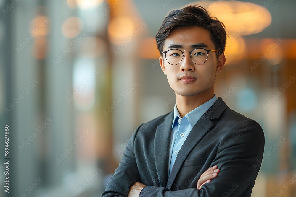 portrait of young businessman in suit standing with arms crossed in office portrait of young businessman in suit standing with arms crossed in office