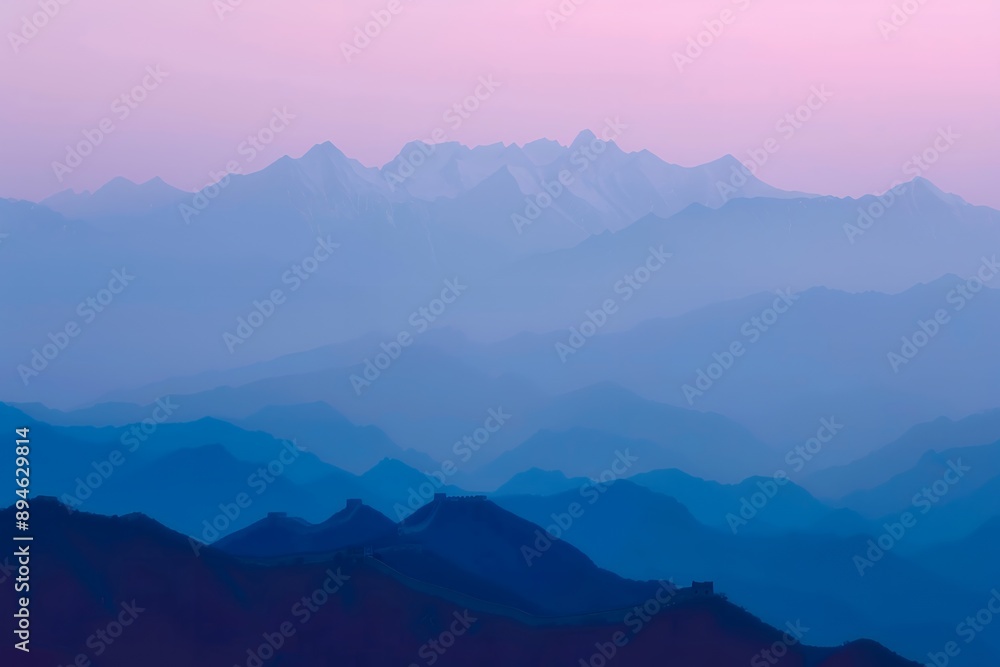 Naklejka premium The Great Wall of China, the silhouette of snow-capped mountains in pink and blue tones at dusk, high definition photography