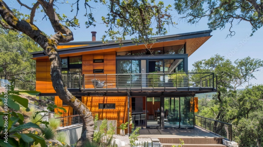 Modern home with a deck and a view of the forest. Modern home with a deck and a view of the forest.