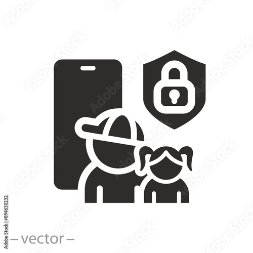 kid safety icon, children control in social, cyber disorder protection, internet addiction problem, phone access for child, flat vector illustration