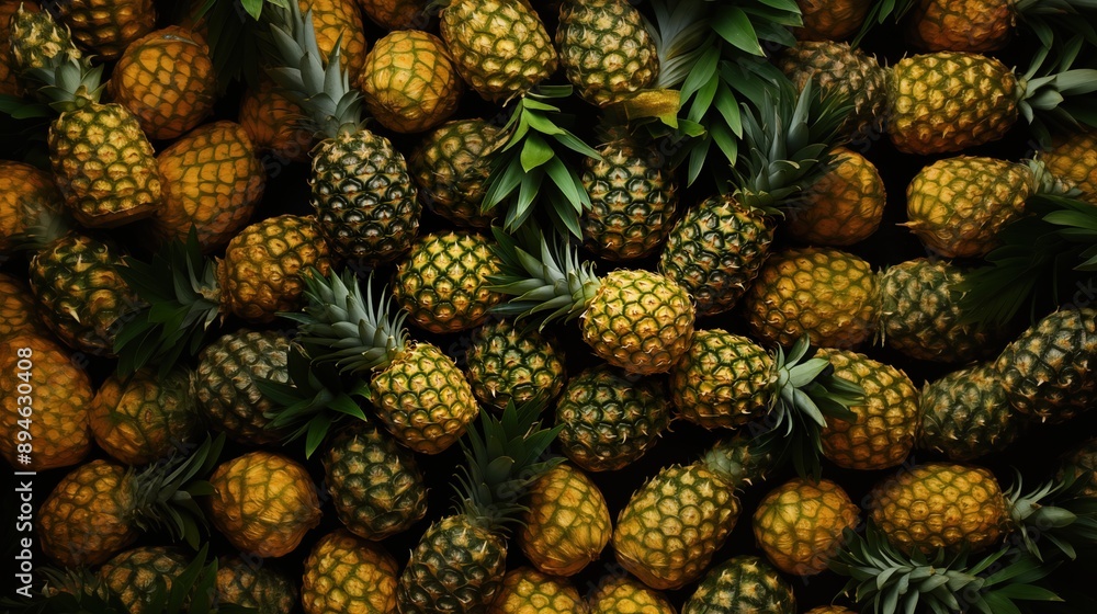 A vibrant arrangement of fresh pineapples with green leaves, showcasing their textured skin and tropical appeal. A vibrant arrangement of fresh pineapples with green leaves, showcasing their textured skin and tropical appeal.