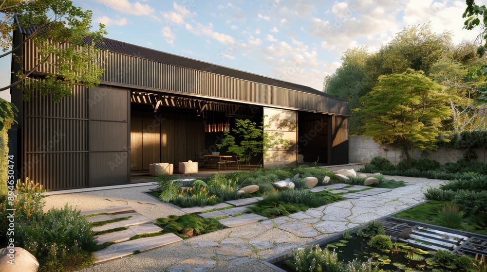 A sleek, modern barn house with a black metal exterior, large sliding doors, and a garden with minimalist landscaping and stone paths. A sleek, modern barn house with a black metal exterior, large sliding doors, and a garden with minimalist landscaping and stone paths.