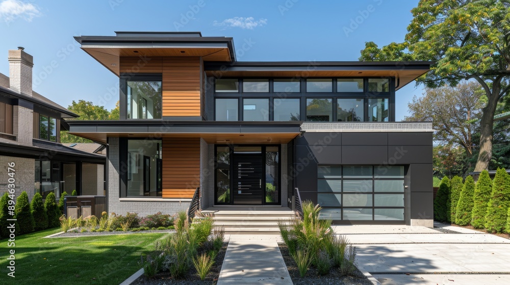 Modern House Exterior with Black and Grey Siding. Modern House Exterior with Black and Grey Siding.