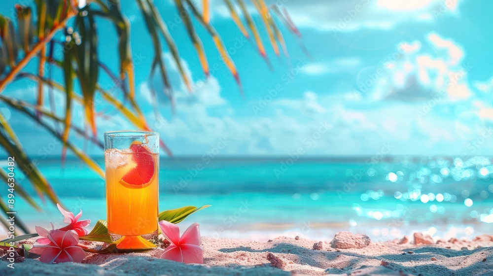 a glass of orange juice on the beach with a palm t a glass of orange juice on the beach with a palm t