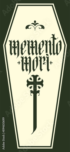 vector calligraphic inscription in gothic font memento mori from latin language translated Think about death with christian cross against the background of a white coffin