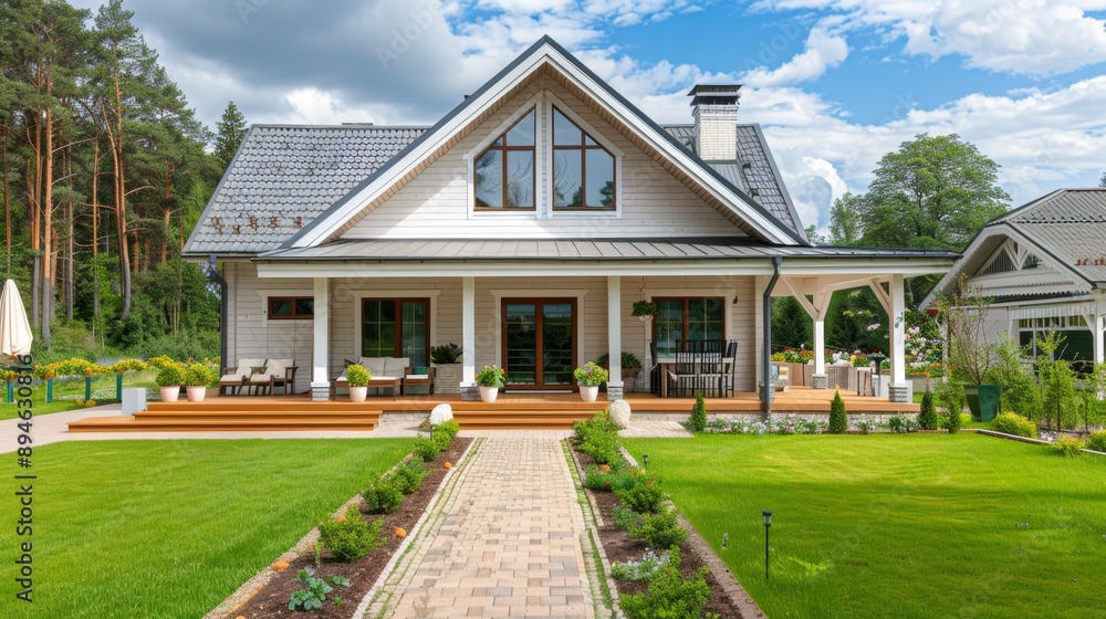 Modern House with Porch and Beautiful Landscaping. Modern House with Porch and Beautiful Landscaping.