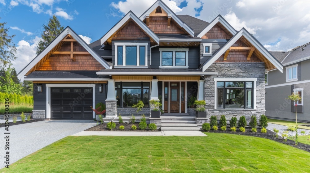 Modern House with Stone Facade and Large Front Yard. Modern House with Stone Facade and Large Front Yard.
