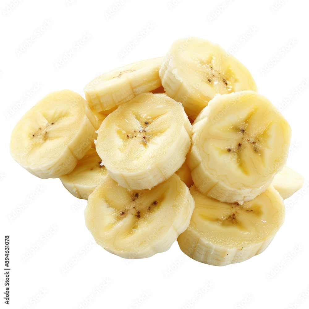 A bunch of bananas are sliced and arranged on a white background A bunch of bananas are sliced and arranged on a white background