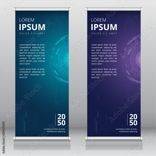 Modern roll up banner templates ideal for technology related promotions or other types of cyber events, such as tech expos, trade shows, hackathons, conferences, and workshops