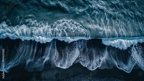 Create an aerial drone view of a moody Atlantic Ocean wave crashing on a black sand beach in Iceland during the summer. Capture the dramatic contrast between the dark sand and the ocean's frothy waves photo