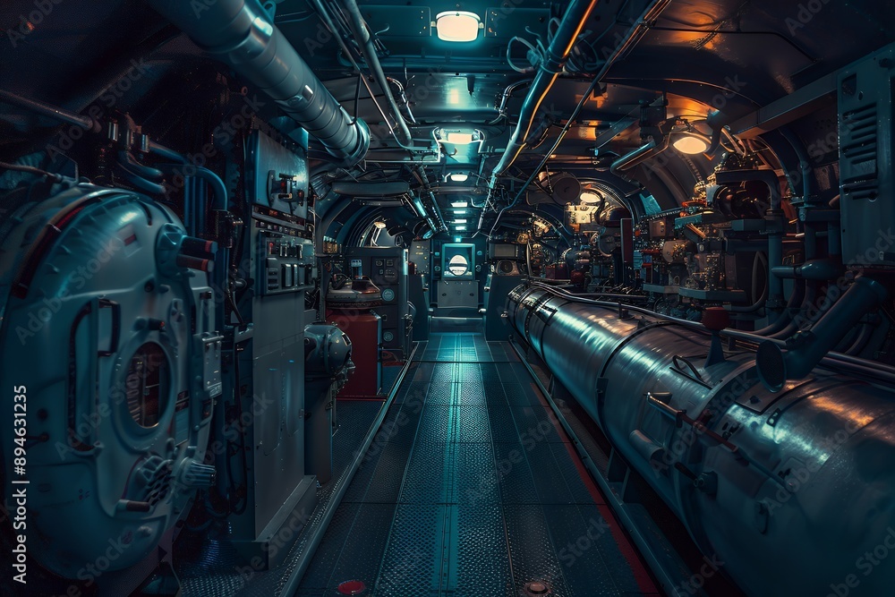 Obraz premium inside submarine, nuclear engine room with lots of electronic equipment and the captain's cabin in background, high resolution photography, professional color grading, soft shadows, no contrast, clean