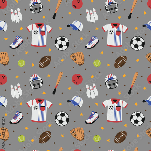 Sports Gear and Equipment on Gray Seamless Pattern Design