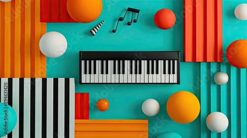 Colorful abstract musical composition with piano keyboard and geometric shapes. Modern art with music notes, balls, and stripes. © Moonroad