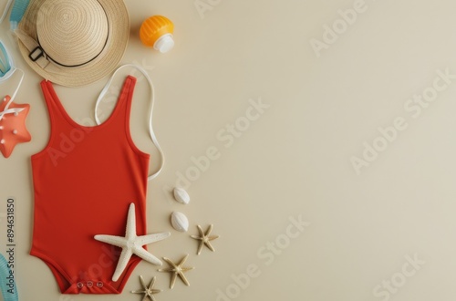Red Swimsuit and Beach Accessories