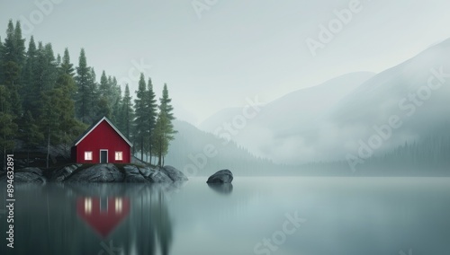 Red Cabin by a Norwegian Lake