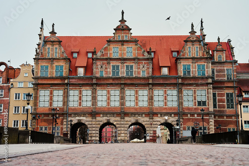 Landmark Green Gate in Gdansk city in Poland. Historical center in old town in European city. Historical building with arch, main entrance to old town