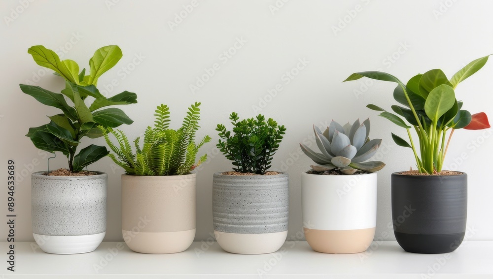 Five Potted Plants on a Shelf Five Potted Plants on a Shelf